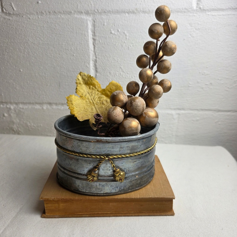 Hosley Galvanized Metal Oval Planter Gold Rope Tassel Detail